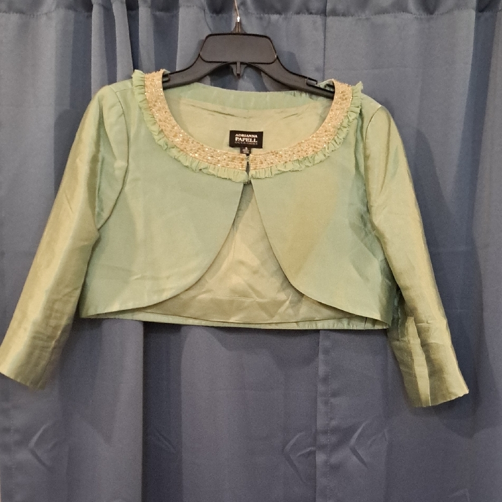 Adrianna Papell Sage Green Jacket with Gold Trim